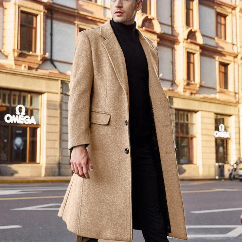 New British Men Long Trench Coat Woolen Coat Men's Woolen Coat