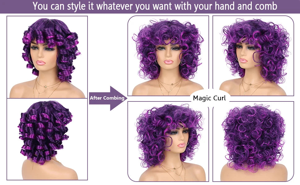 Curly Synthetic Wigs Short Kinky Curly Black Wigs for Women Big Curly Afro Soft Wig with Bangs Heat Resistant Natural Cute Wig