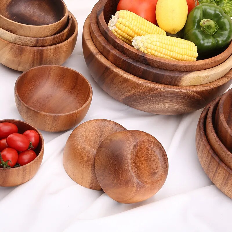 Acacia wood size solid wood bowl Japanese children anti-scalding wooden bowl whole wood soup bowl fruit salad bowl set