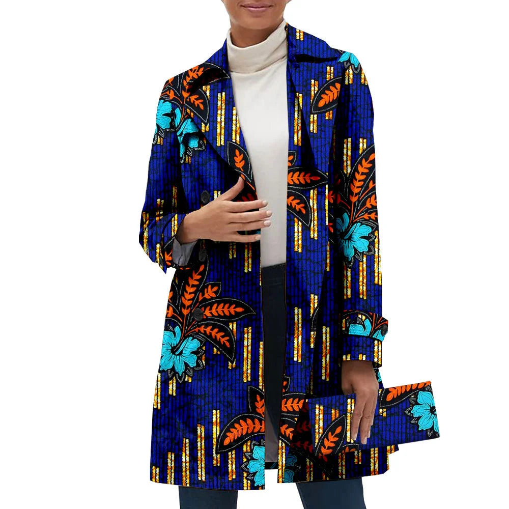 African Clothes For Women Fashion Coat For Autumn Ankara Printed Wax Sewing Long Sleeve Jacket High Waist Formal Outfits Handbag