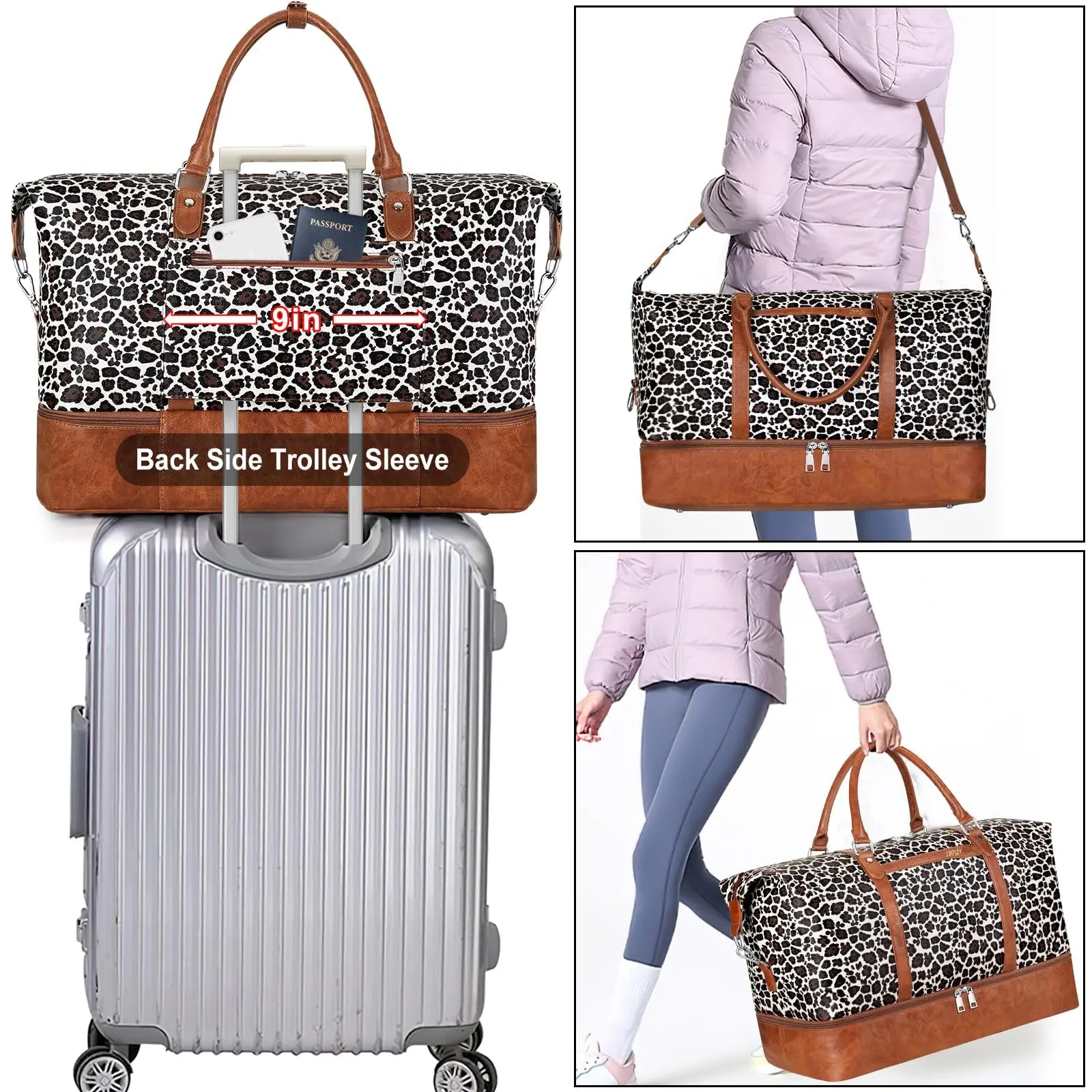 Women's Travel Bag, Large Women's Travel Luggage with Shoe Compartment, Carry-on Airplane Bag Men's Leather Travel Set 3 Pieces