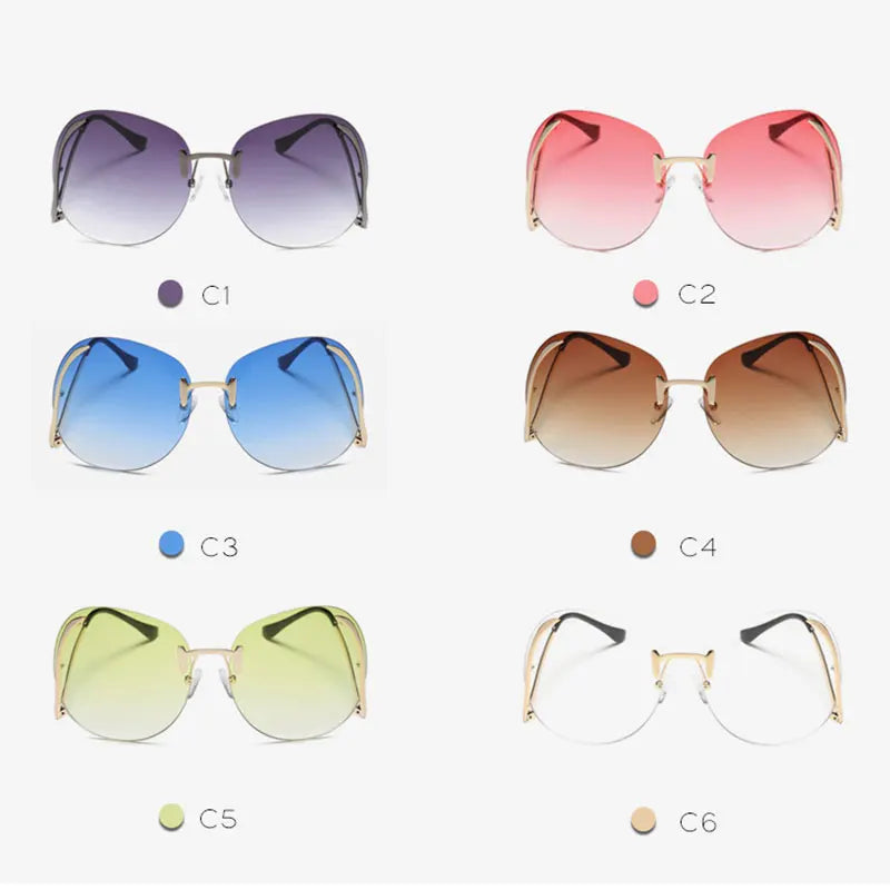 Oversized Rimless Gradient Sunglasses Women Brand Designer Round Sun Glasses Shades Female Big Frames Visor Glasses UV400