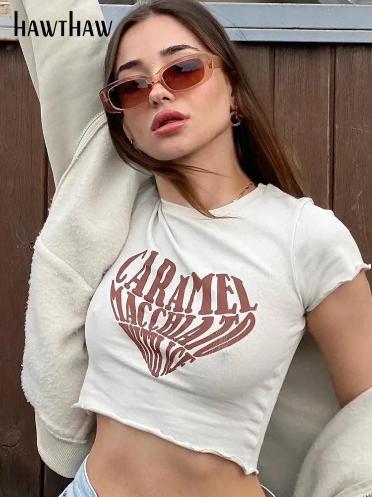 Women Fashion Short Sleeve Letter Print Graphic White Crop Tops T Shirt Tees Summer Clothes Dropshipping Streetwear