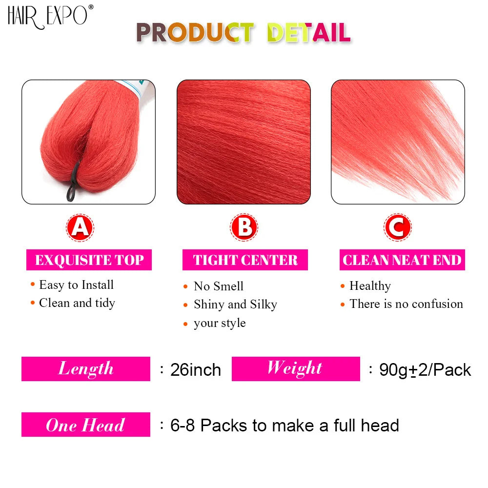 26Inch Easy Braids Hair Synthetic Colourful Pre Stretched Braiding Hair Extensions Jumbo Braids Ombre Yaki Long Straight Hair