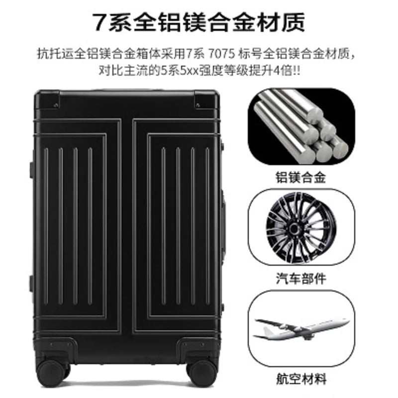 100% high-rank aluminum-magnesium high quality Rolling Luggage for boarding Spinner International brand Travel Suitcase