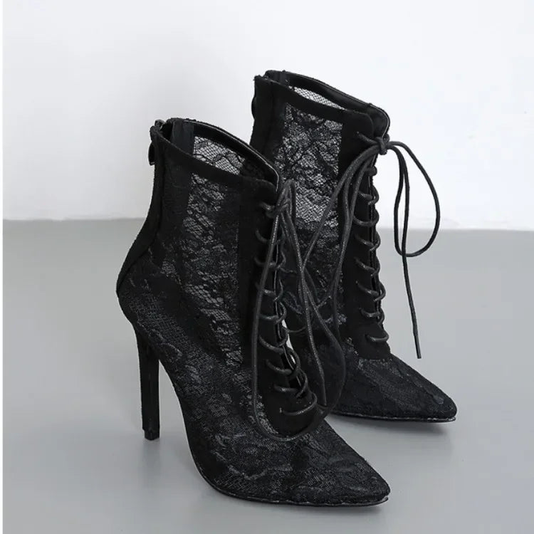 New Black Mature Mesh Women Boots High Heel Pumps Floral Lace-Up Thin High Heels Ankle Pointed Toed Party Wedding Shoes