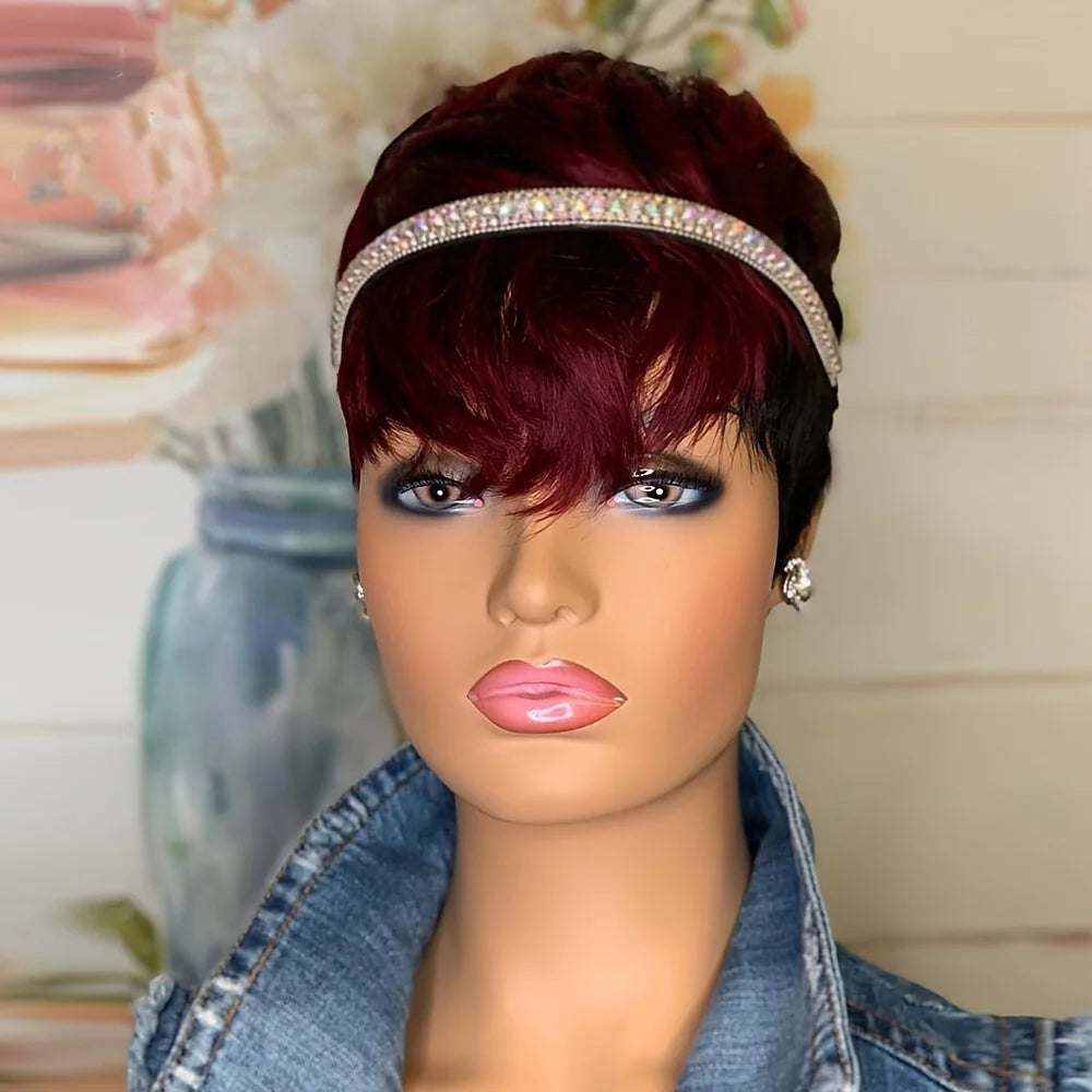 Non-lace-wig Full short wavy pixie cut Synthetic Wig/bang ,color Burgundy 99J/ natural black