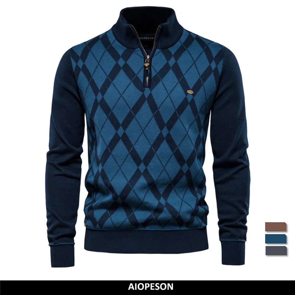 AIOPESON Argyle Men Sweaters Cotton Mock Neck Zipper Patchwork Pullover Men Winter High Quality Fashion Warm Sweaters for Men