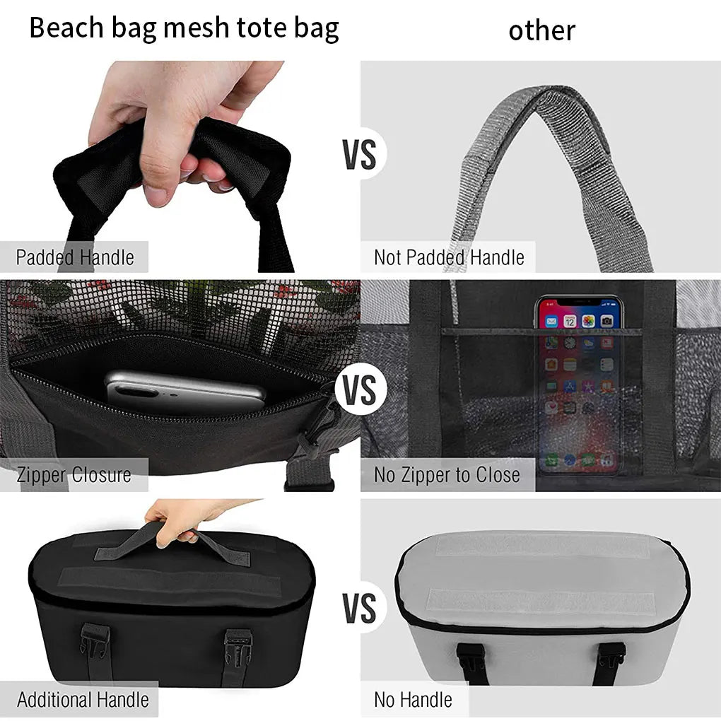 Beach Bag Mesh Tote Handbag with Insulated Cooler Bag Summer Vacation Beach Walking Handbag  Black