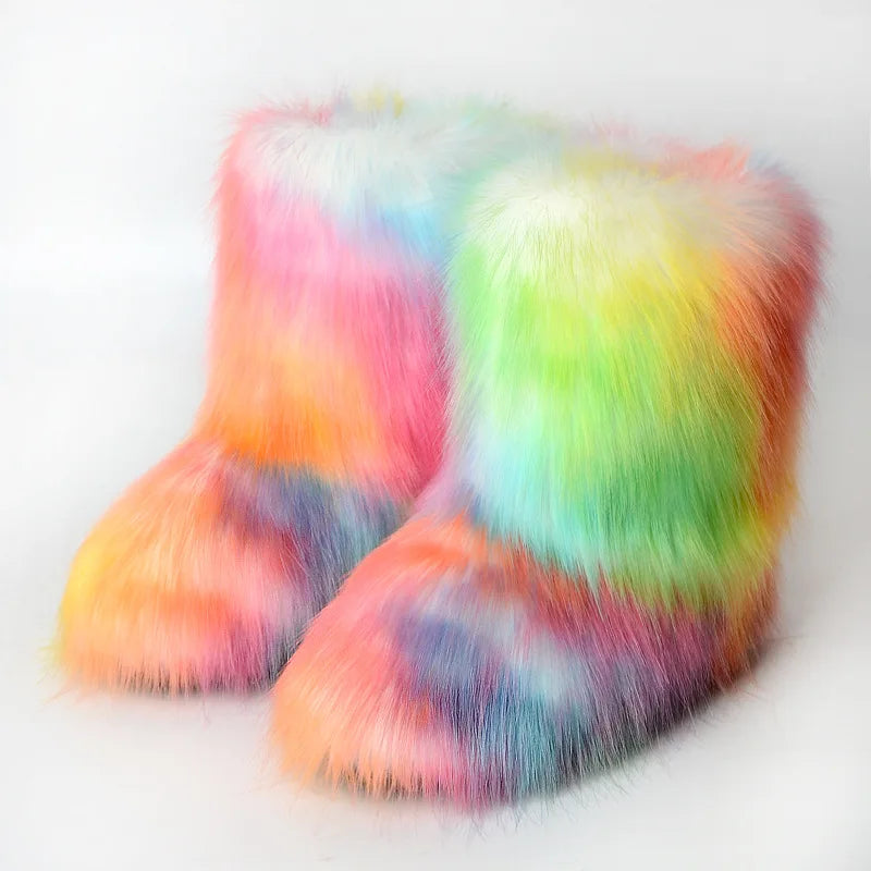 Women's Winter Fluffy Faux Fox Fur Boots Woman Plush Warm Snow Boots Luxury Footwear Girls' Furry Fur Bottes Fashion Winter Shoe