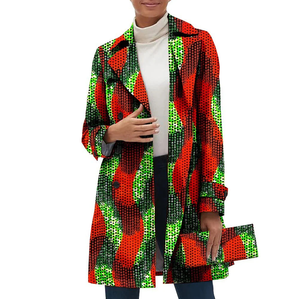 African Clothes For Women Fashion Coat For Autumn Ankara Printed Wax Sewing Long Sleeve Jacket High Waist Formal Outfits Handbag