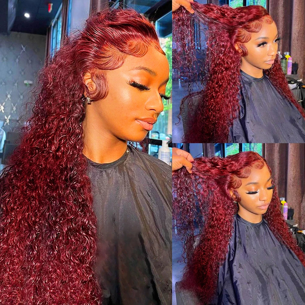 Deep Wave Burgundy 13x4 Transparent Glueless Red Wig Colored Lace Front Human Hair Wigs Curly 13x6 Hd Lace Frontal Wig For Women