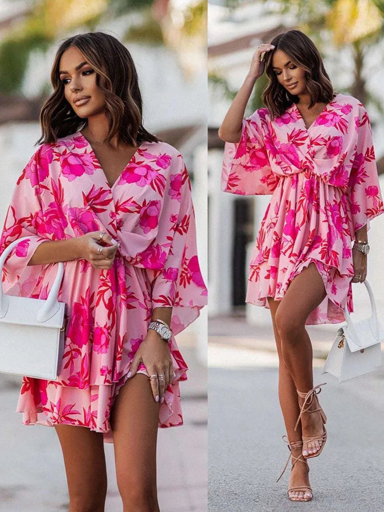 Women's Sexy V Neck Bat Sleeve Mini Dress Boho Floral Print High Waist Elegant Women Ruffle Office Party Dresses Robe