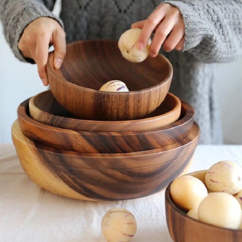 Acacia wood size solid wood bowl Japanese children anti-scalding wooden bowl whole wood soup bowl fruit salad bowl set