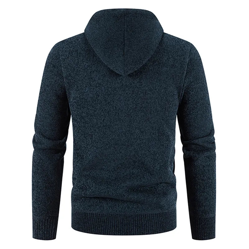 Autumn Winter Men Sweaters Hooded Fleece Cardigan Men Knitted Warm Sweatercoat Solid Color Casual Sweater Jacket Man