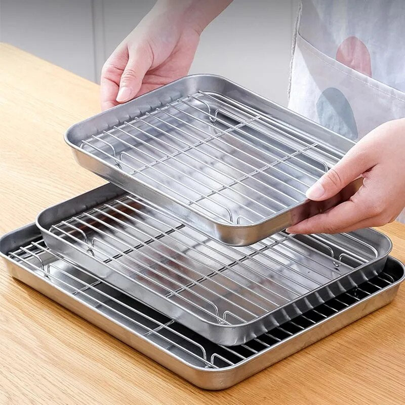 304 Stainless Steel Fruit Cake BBQ Tray Removable Cooling Rack  Nonstick Barbecue Tray Square Baking Plate Kitchen Baking Tray