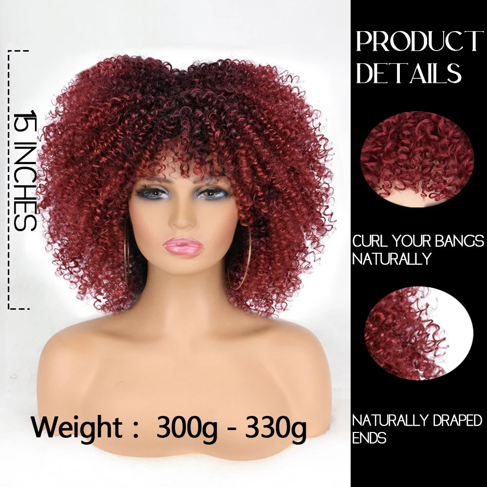 LINGHANG Short Hair Afro Kinky Curly Wigs With Bangs For Black Women African Synthetic Omber Glueless Cosplay Wigs Gradient Hair