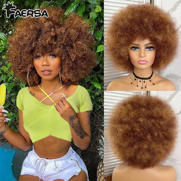 Short Hair Afro Kinky Curly Wigs With Bangs For Black Women African Synthetic Ombre Glueless Cosplay Natural Blonde Red Blue Wig