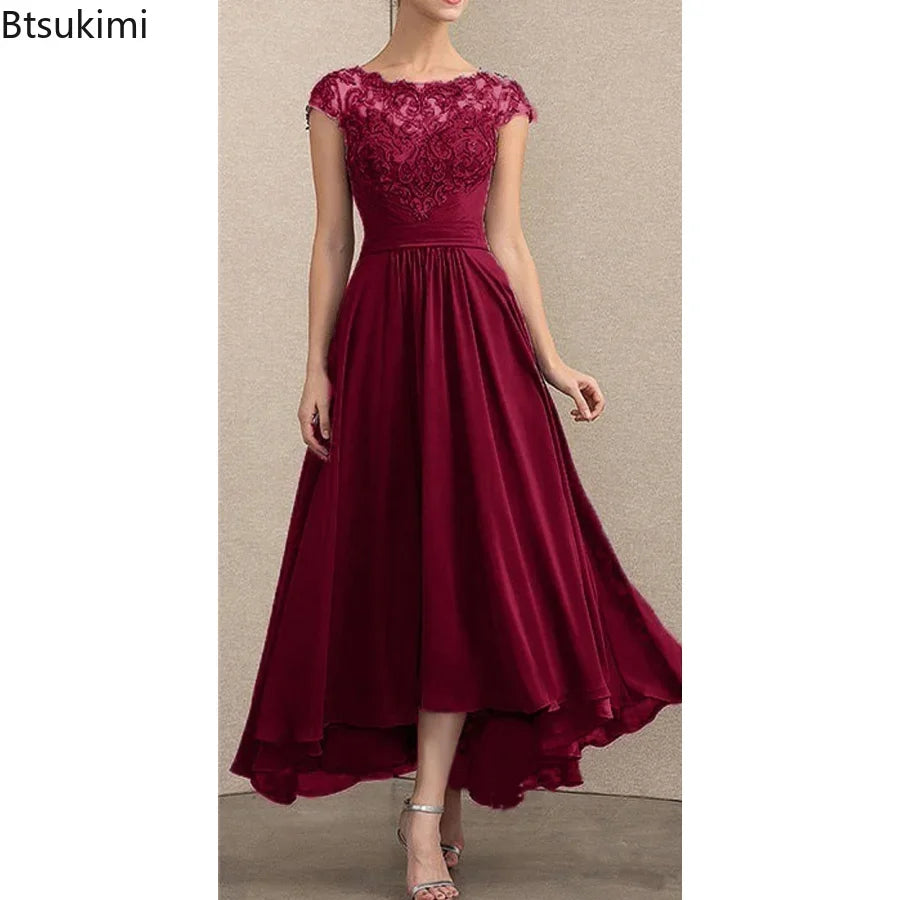 2024 Women's Elegant Evening Dresses O-Neck Sleeveless A-LINE Lace Chiffon Long Dresses Simple Prom High Waist Dress Female Robe