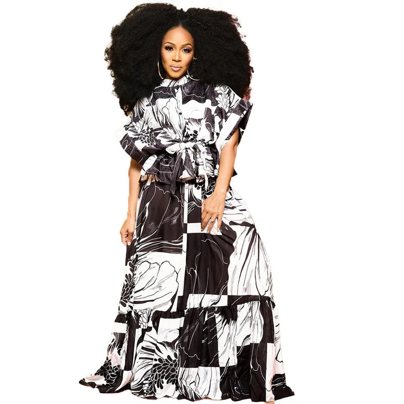 African Dresses for Women 2 Piece Dress Sets Summer African Sleeveless Polyester Printing Long Dress with Coat Matching Sets