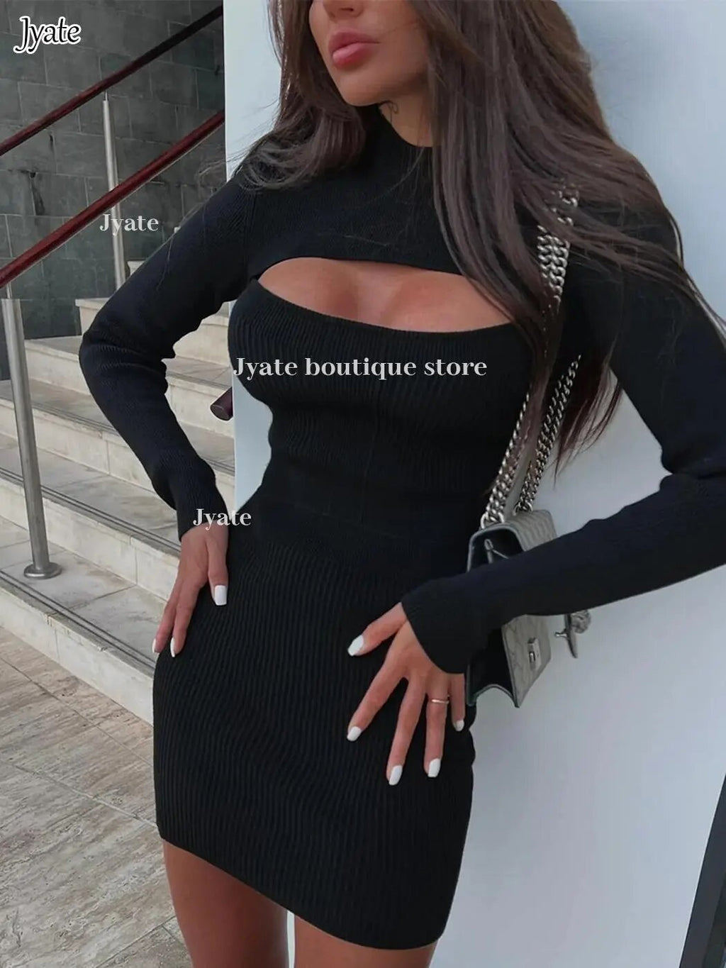 Women's Fall Long Sleeve Mini Knitted Dress 2023 New Solid Color Half Neck Fashion Rib Knit Hollow Out Sexy Tight Vestido