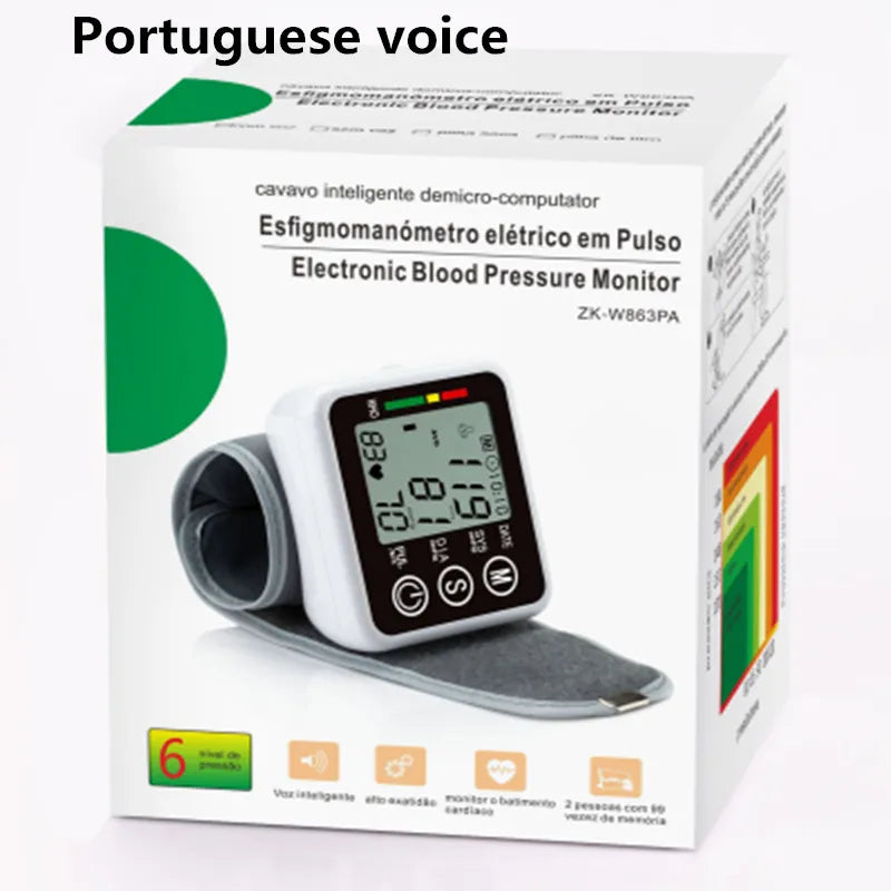 ZOSS latest models  Wrist Digital Blood Pressure Monitor  English / Russian / Portuguese / Spanish Voice  Broadcast Tonometer