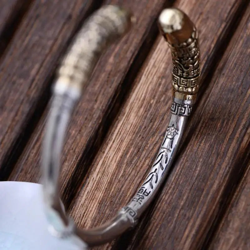 Genuine 925 Sterling Silver Jewelry Vintage Cuff Bracelets Men Monkey King Golden Cudgel High Polished Top Quality