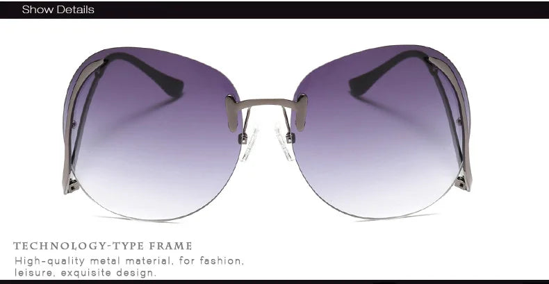 Oversized Rimless Gradient Sunglasses Women Brand Designer Round Sun Glasses Shades Female Big Frames Visor Glasses UV400