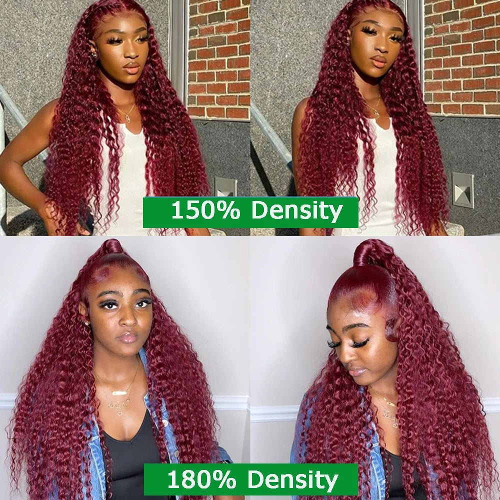 Deep Wave Burgundy 13x4 Transparent Glueless Red Wig Colored Lace Front Human Hair Wigs Curly 13x6 Hd Lace Frontal Wig For Women