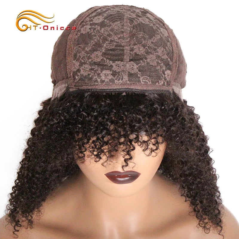 Short Curly Bob Wig With Bangs Natural Black Brazilian Curly Human Hair Wig For Women Machine Made 180% Density