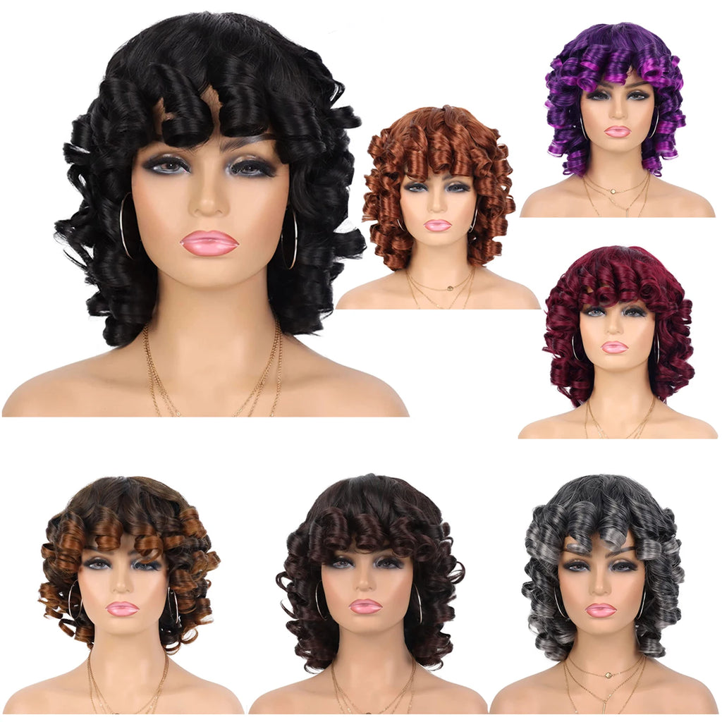 Curly Synthetic Wigs Short Kinky Curly Black Wigs for Women Big Curly Afro Soft Wig with Bangs Heat Resistant Natural Cute Wig