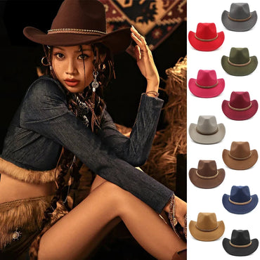 Men Women Wool Blend Western Cowboy Hats Wide Brim Sunhats Party Travel Sombrero Outdoor Caps Classical Retro Adjustable Size