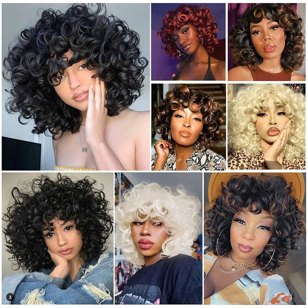 Curly Synthetic Wigs Short Kinky Curly Black Wigs for Women Big Curly Afro Soft Wig with Bangs Heat Resistant Natural Cute Wig