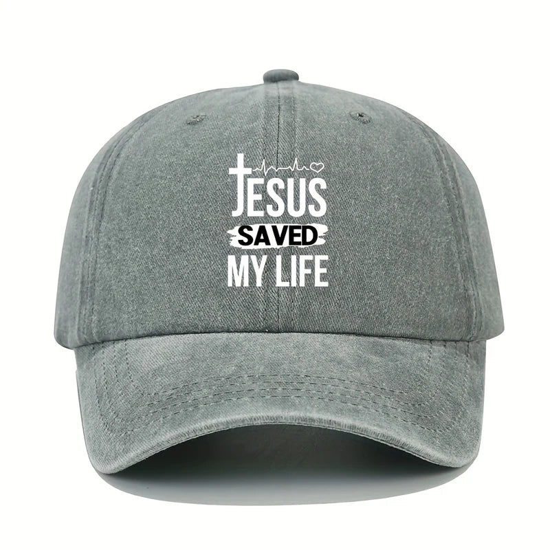 Men's baseball cap. Jesus saved my life. Adjustable print. Retro washed. Aged design. Multiple colors available. Curved brim