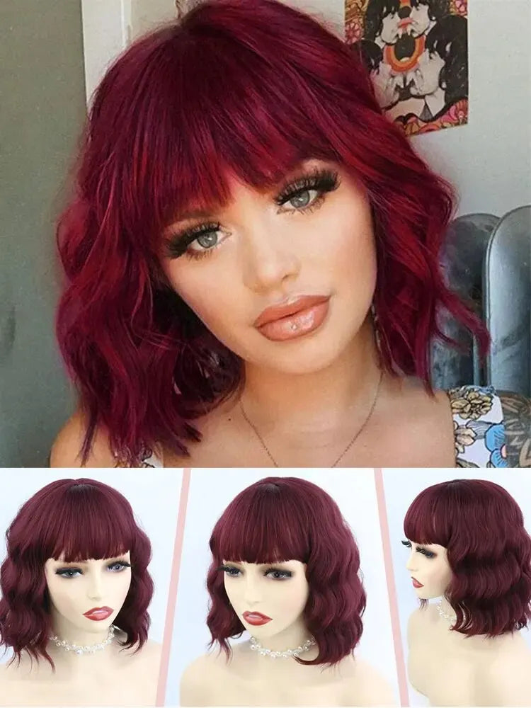 Short Wavy Bob Wigs with Bangs for Women Short Bob Curly Wig Synthetic Hair Wavy Wigs Heat Resistant Fiber Wig