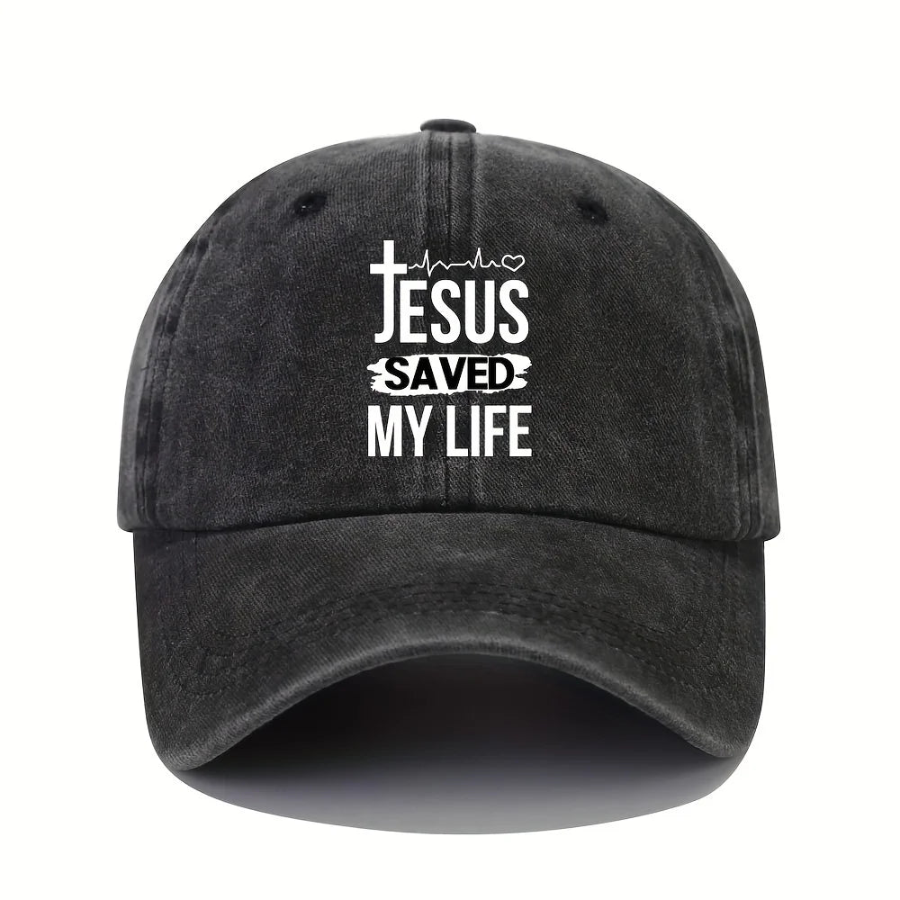 Men's baseball cap. Jesus saved my life. Adjustable print. Retro washed. Aged design. Multiple colors available. Curved brim