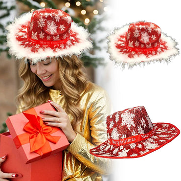 Christmas Feather Edge Cowboy Hat Wide Brim Snowflake Pattern Letter Ribbon Cowgirl Hat Party Accessories New High Quality