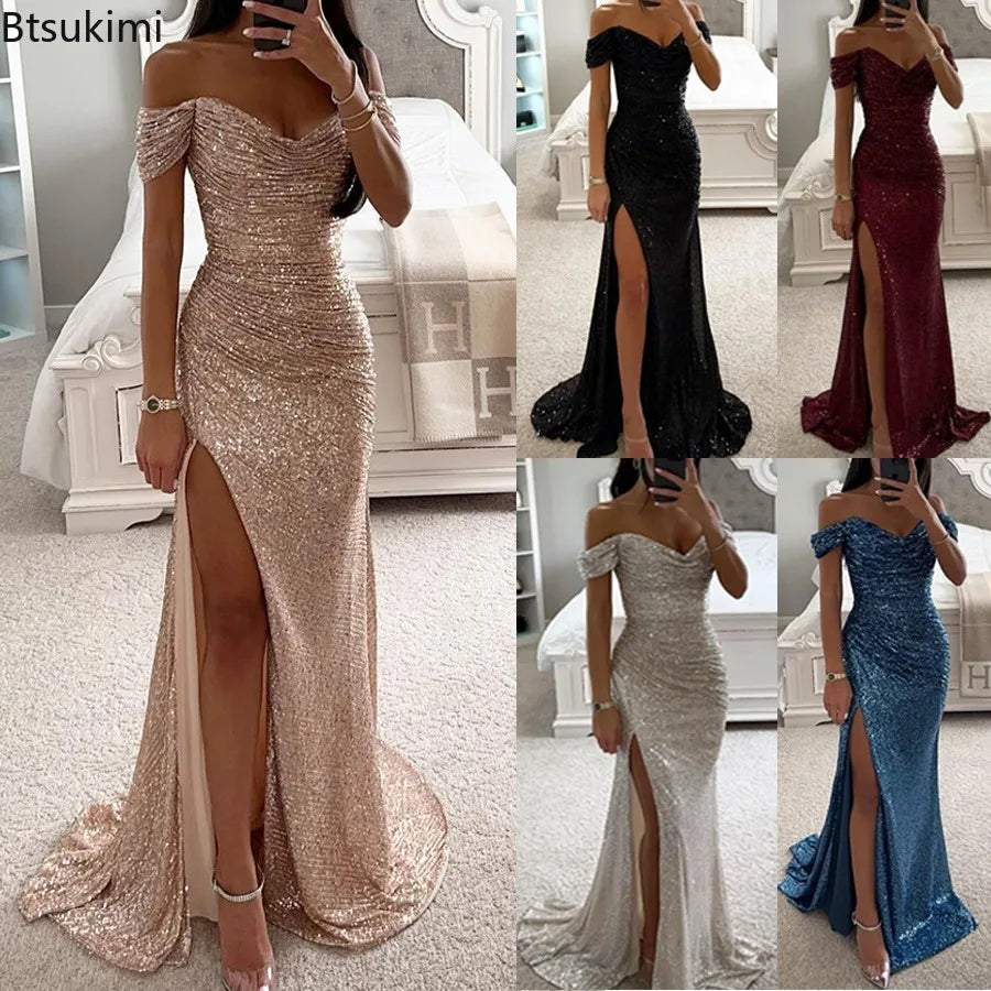 Women's Luxury High Split Club Party Evening Dress Sexy Banquet Slim Waisted Female Dress Elegant V-Neck Slim Long Dress