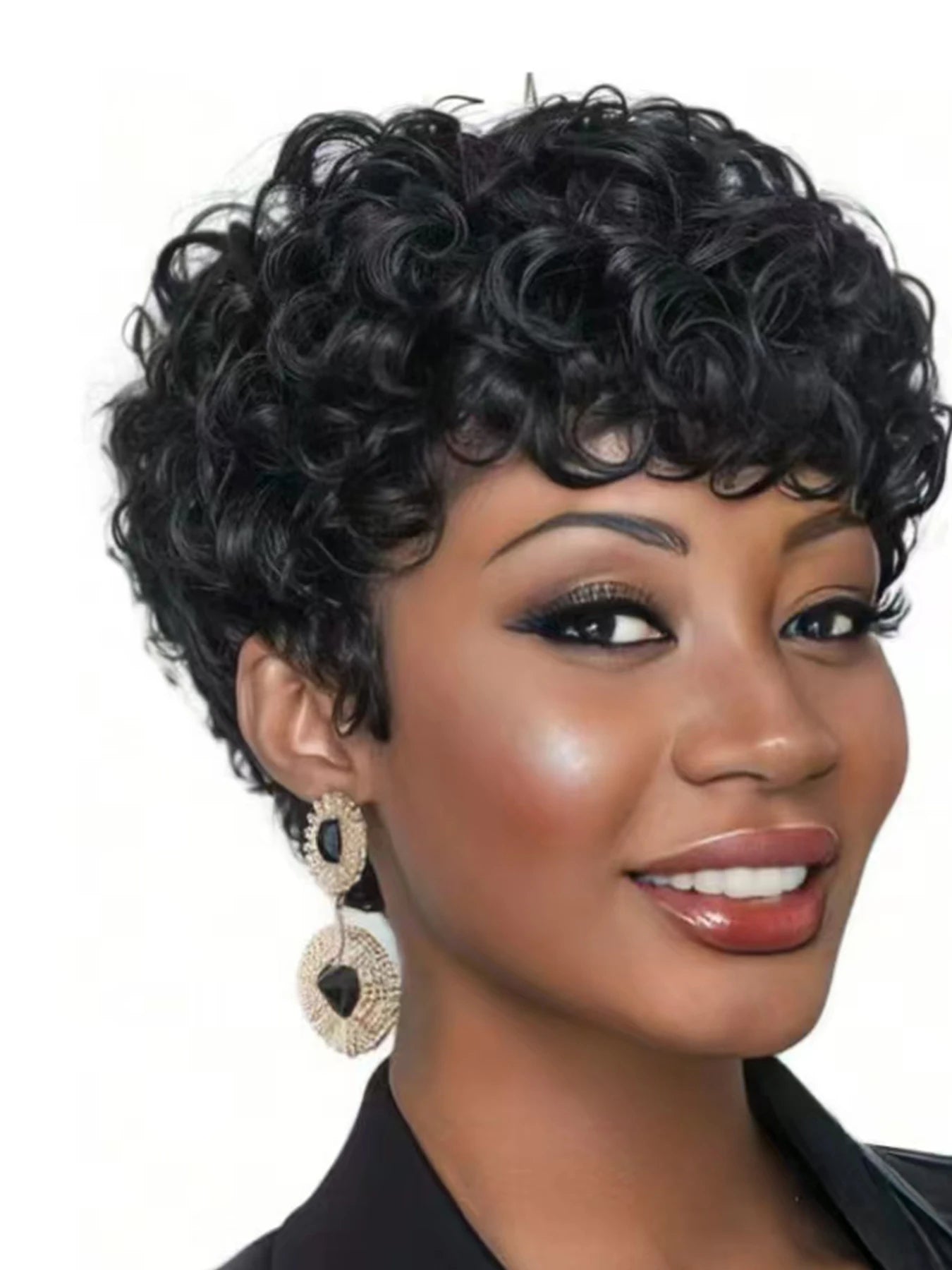 Cut Short Curly Wigs for Women, Synthetic Full Wigs with Bangs, Glueless Daily Wear And Go, Black Color, Heat Resistant, Beginne