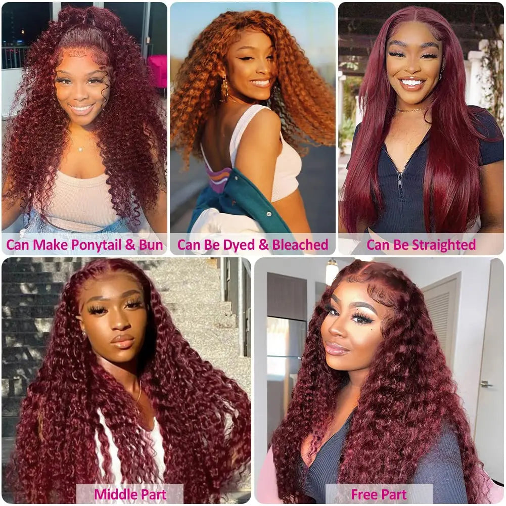 Deep Wave Burgundy 13x4 Transparent Glueless Red Wig Colored Lace Front Human Hair Wigs Curly 13x6 Hd Lace Frontal Wig For Women