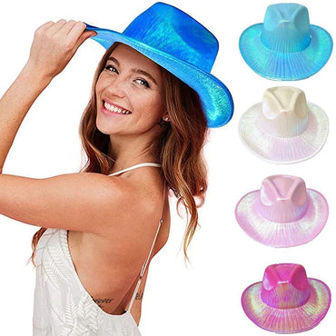 1PCS Women Wide Brim Caps Western Cowboy Hat Pearlescent Blinking Lights Cowgirl Hat For Party Holiday Costume