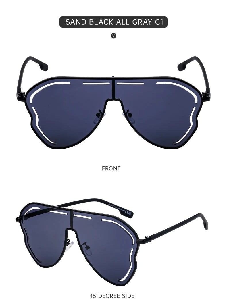 Oversized One-Piece Pilot Punk Sunglasses Women Big Frame 2025 Luxury Brand Hollow Sun Glasses For Ladies Shield Eyewear Shades