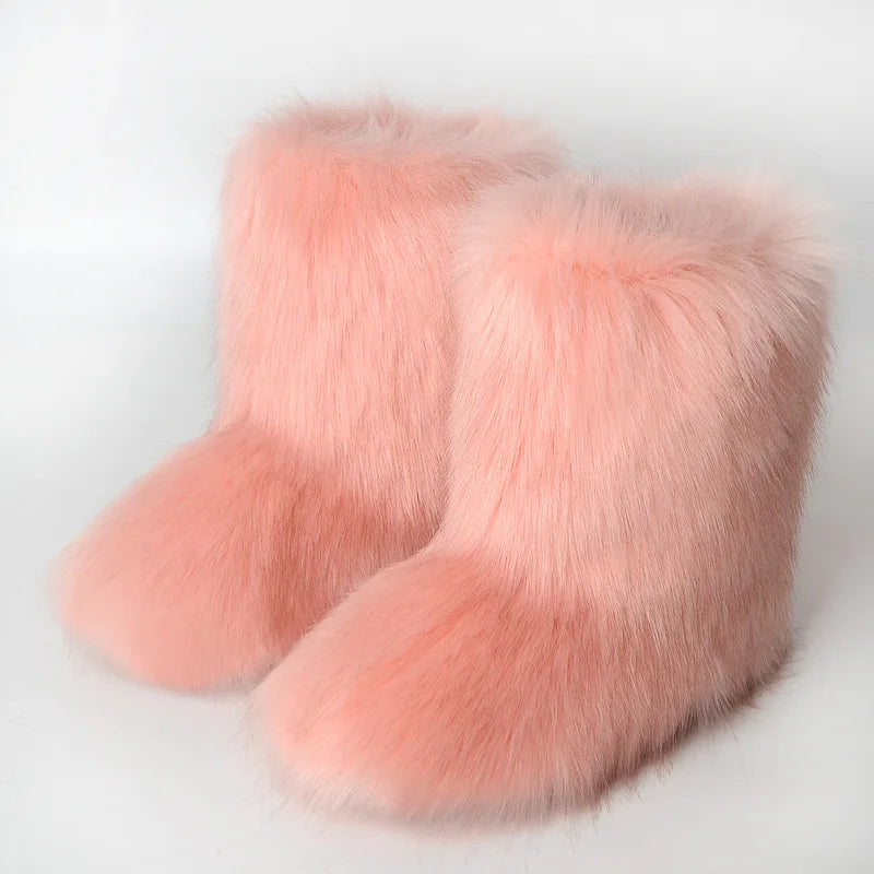 Women's Winter Fluffy Faux Fox Fur Boots Woman Plush Warm Snow Boots Luxury Footwear Girls' Furry Fur Bottes Fashion Winter Shoe