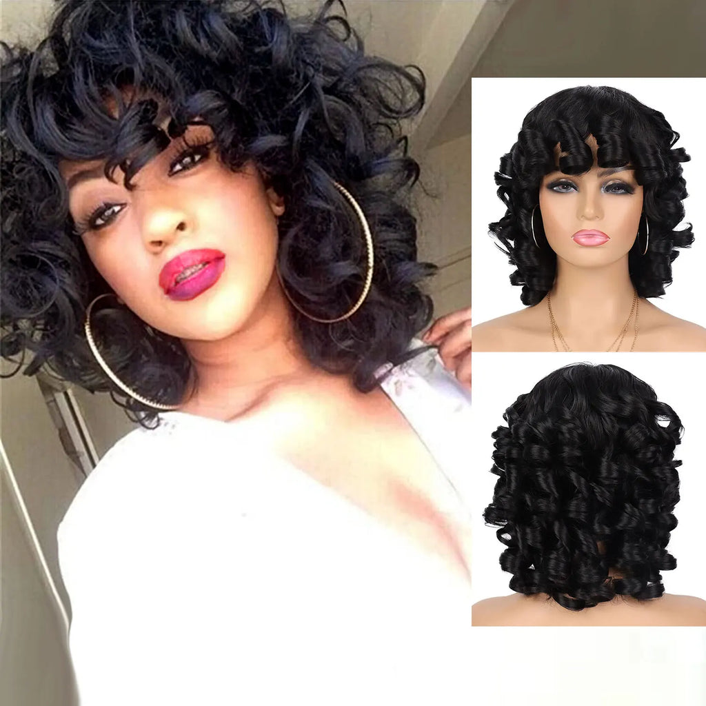 Curly Synthetic Wigs Short Kinky Curly Black Wigs for Women Big Curly Afro Soft Wig with Bangs Heat Resistant Natural Cute Wig