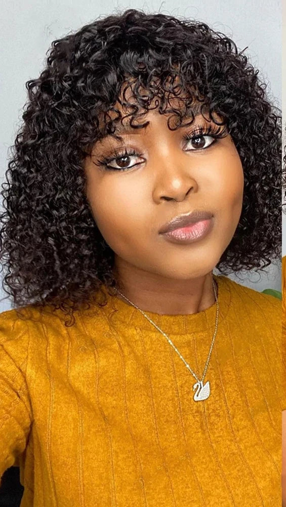 Short Curly Bob Wig With Bangs Natural Black Brazilian Curly Human Hair Wig For Women Machine Made 180% Density