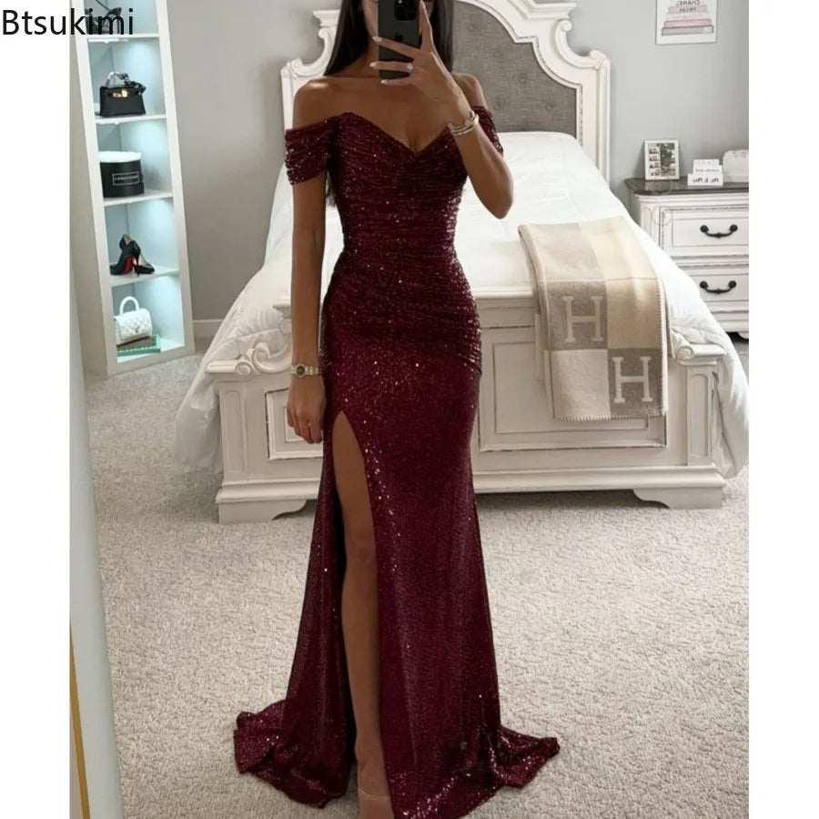 Women's Luxury High Split Club Party Evening Dress Sexy Banquet Slim Waisted Female Dress Elegant V-Neck Slim Long Dress