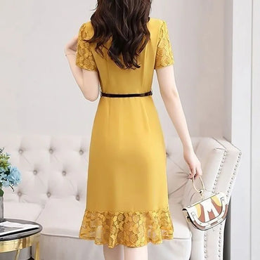 Lace Patchwork Belt High Waist Elegant Party Dresses for Women Summer Korean Fashion V Neck Short Sleeve Slim Midi Dress Vestido