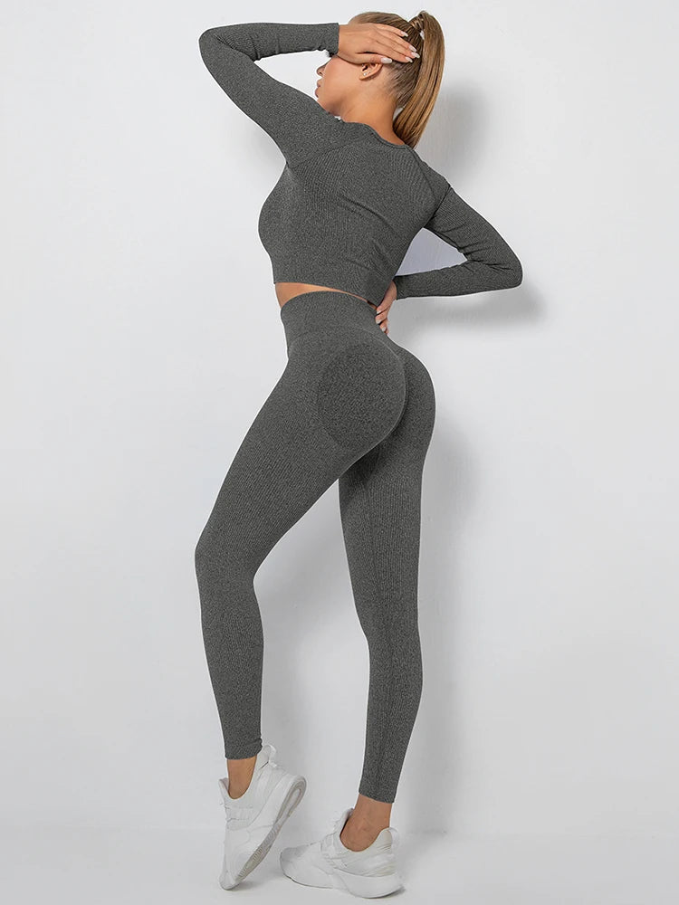 Yoga Sets Women Gym Clothes Seamless Workout Sportswear Yoga Pants Fitness Long Sleeve Crop Top High Waist Leggings Sports Suits