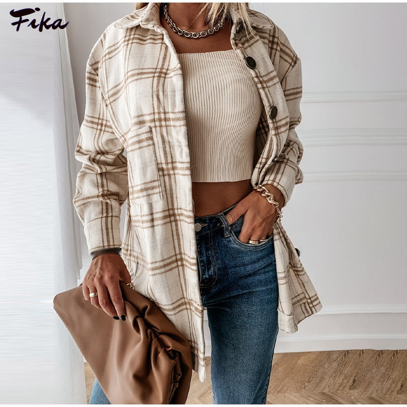 Oversized Women's Plaid Shirt Jackets Plush Long Sleeve Ladies Tops Outwear 2021 Autumn Winter Loose Women Coats