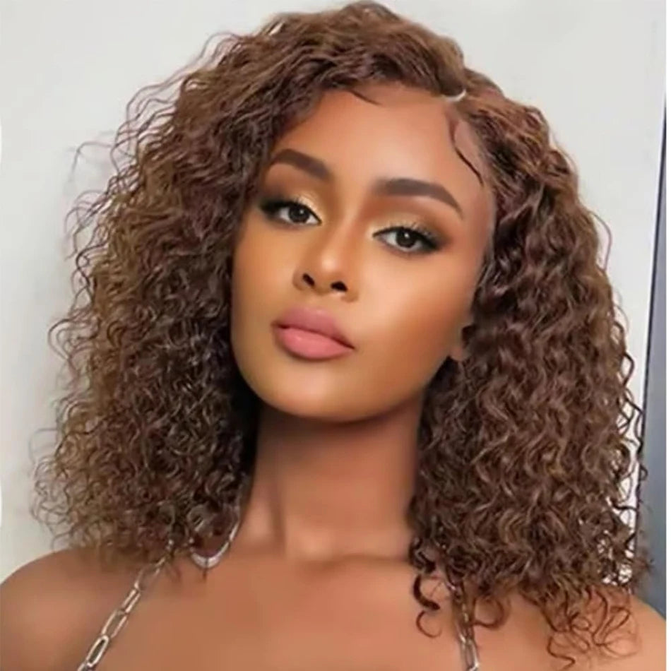 Chocolate Brown Lace Front Kinky Curly Short Bob Wigs Pre Plucked 13x4 HD Transparent Ear To Ear Lace Frontal Human Hair Wigs